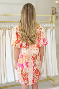 Floral Scarf Split Neck Dress
