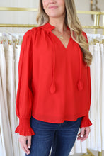 Split Ruffle Neck Top, Red
