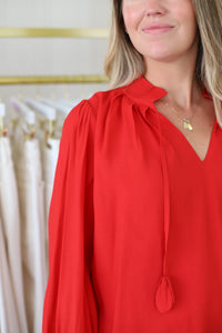Split Ruffle Neck Top, Red