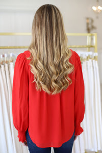 Split Ruffle Neck Top, Red