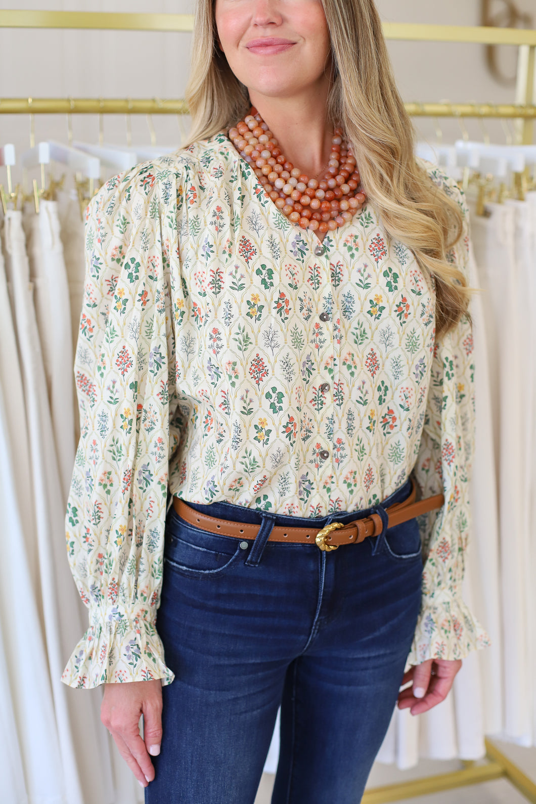 Victoria Floral Top, Ecru Multi