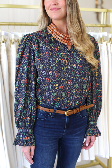 Victoria Floral Top, Navy
