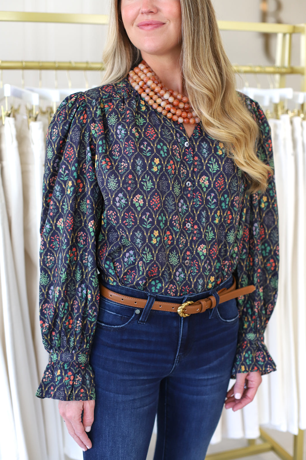 Victoria Floral Top, Navy