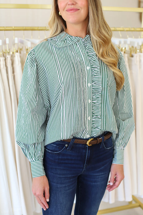 Green Stripe Ruffle Trip Button Top