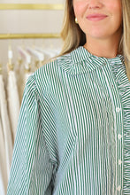 Green Stripe Ruffle Trip Button Top