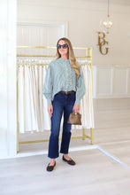 Green Stripe Ruffle Trip Button Top