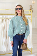 Green Stripe Ruffle Trip Button Top
