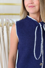 Stitchy Sleeveless Button Up Sweater, Navy