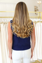 Stitchy Sleeveless Button Up Sweater, Navy