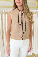 Stitchy Sleeveless Button Up Sweater, Taupe/Black