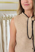 Stitchy Sleeveless Button Up Sweater, Taupe/Black