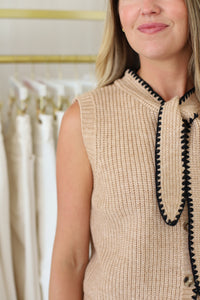 Stitchy Sleeveless Button Up Sweater, Taupe/Black
