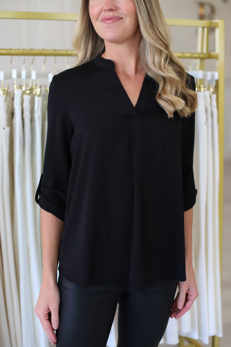 Black Cuffed Button Blouse
