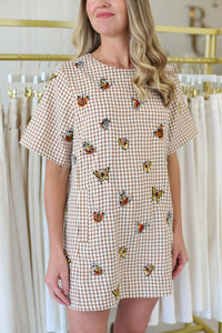 Brown Plaid Butterfly Short Sleeve Dress
