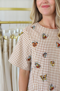 Brown Plaid Butterfly Short Sleeve Dress