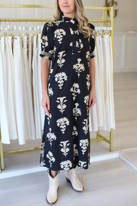 Black Floral Puff Sleeve Maxi Dress
