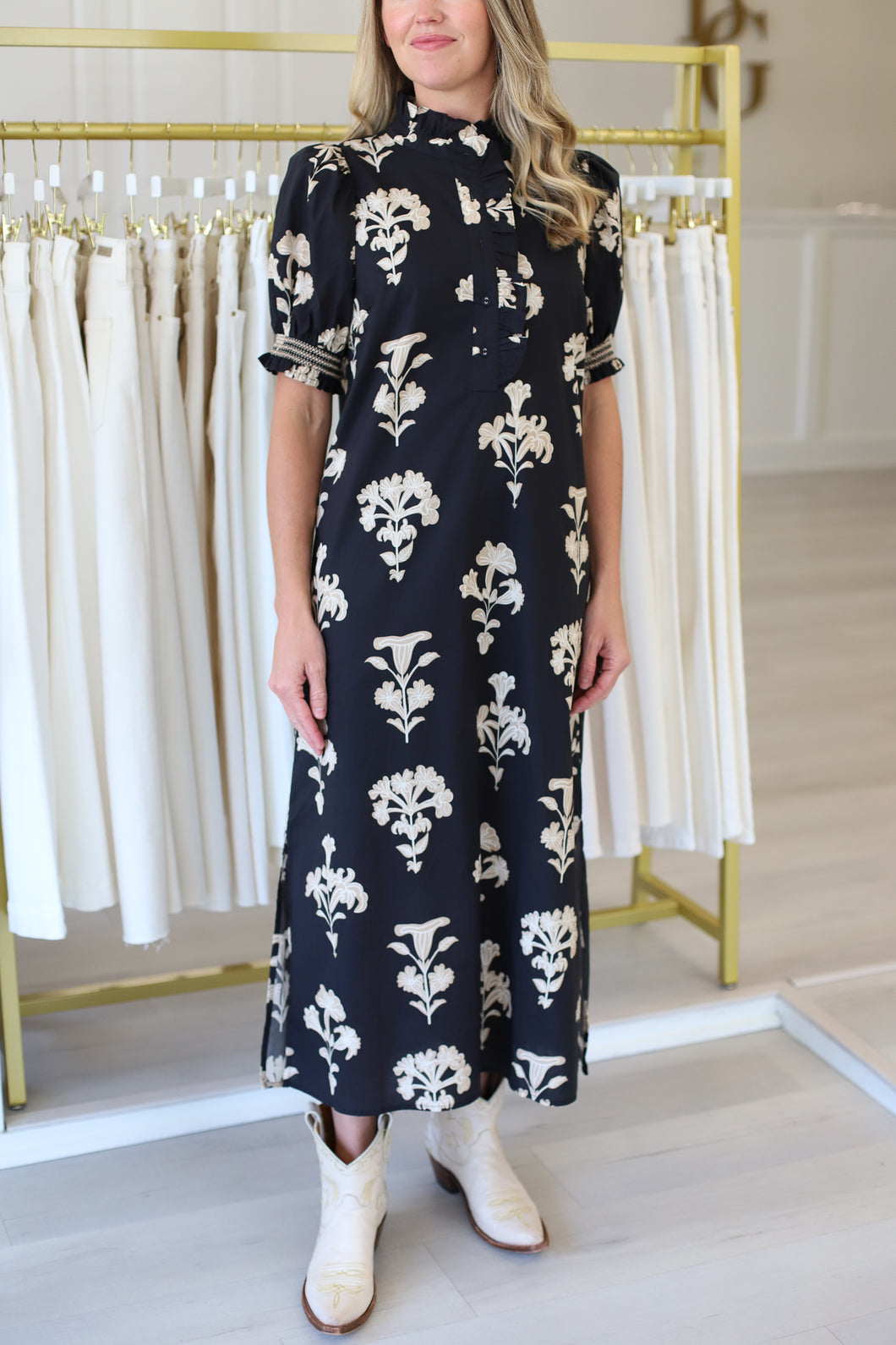 Black Floral Puff Sleeve Maxi Dress