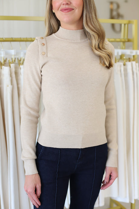 Mock Neck Stud Top, Beige