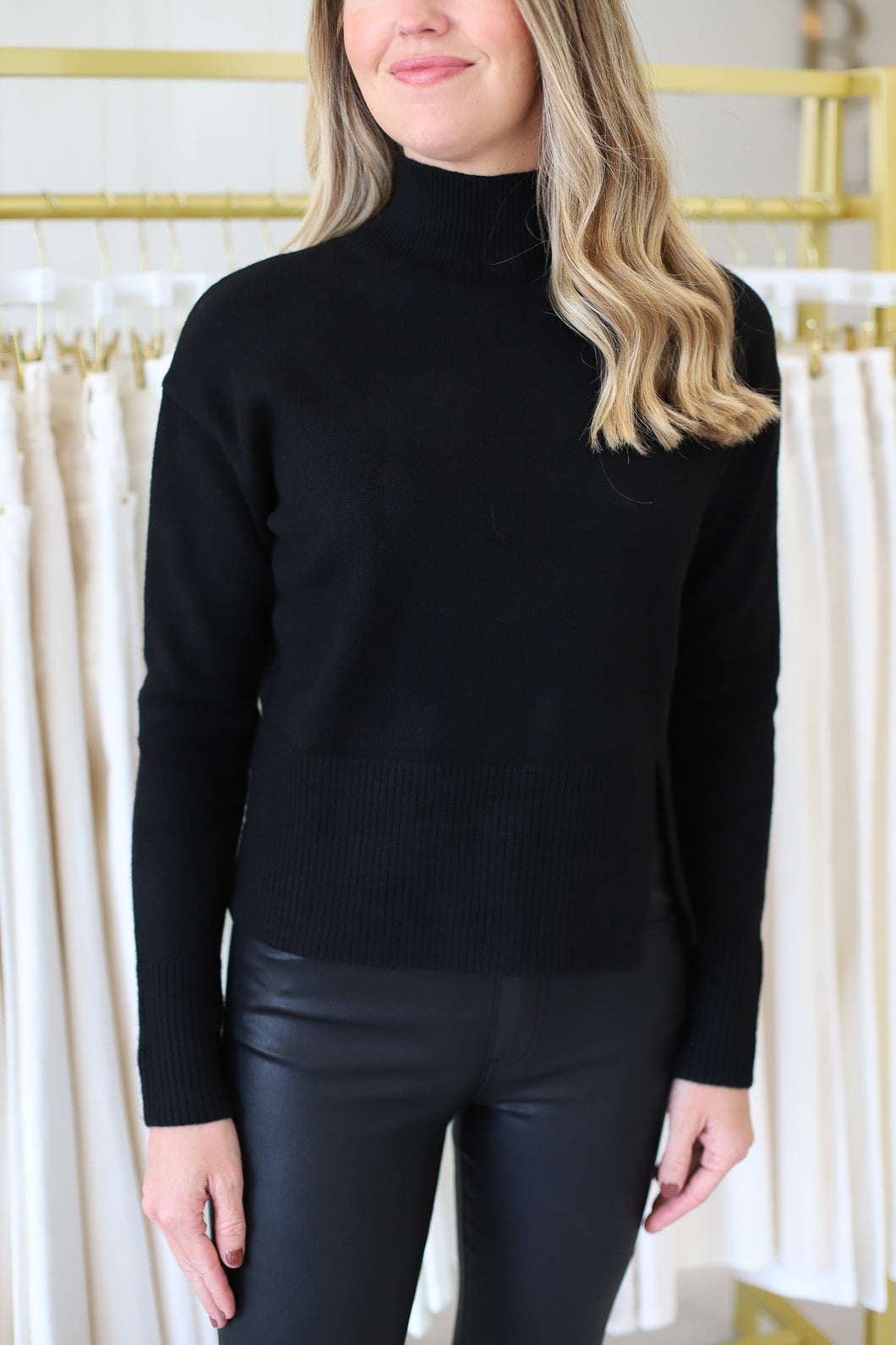 Ribbed Mock Neck Sweater, Black