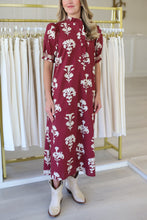Maroon Floral Puff Sleeve Maxi Dress