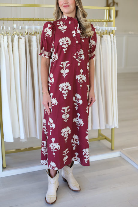 Maroon Floral Puff Sleeve Maxi Dress