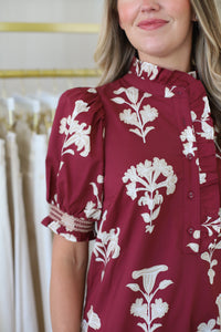 Maroon Floral Puff Sleeve Maxi Dress