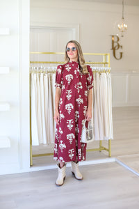 Maroon Floral Puff Sleeve Maxi Dress