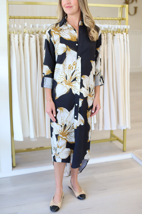 Black Flower Tencel Midi Dress
