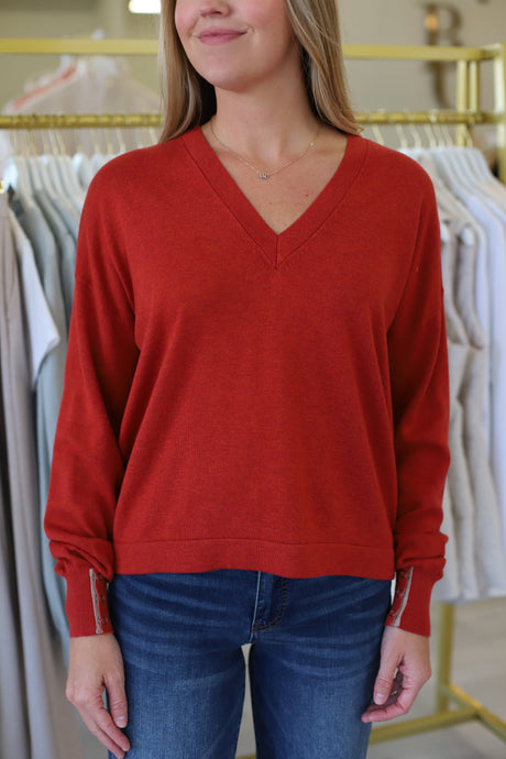 Snap Cuff V-Neck Sweater