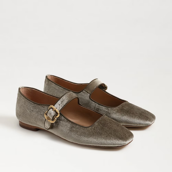 Michaela Mary Jane Flat, Dark Silver Sage Velvet