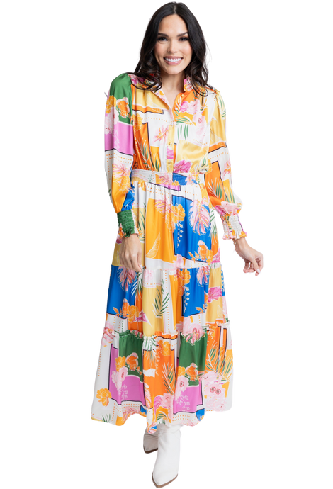 Tropical Leaf Satin Maxi Dress
