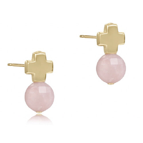 Signature Cross Gold Stud Earrings, Pink Opal