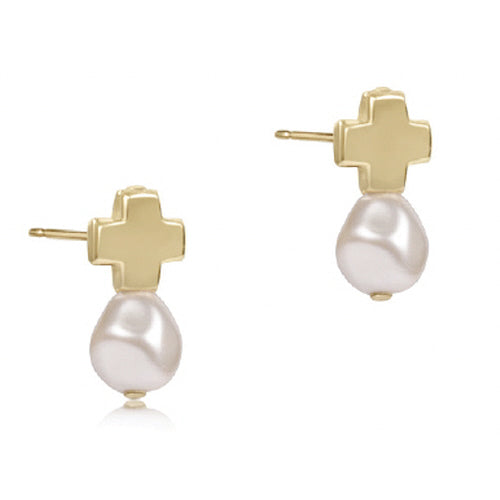 Signature Cross Gold Stud Earrings, Pearl